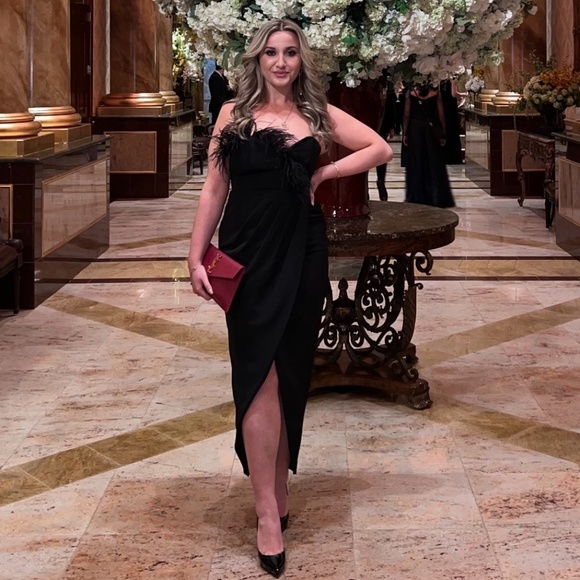 Black Evening Dress with Feather Trim and Thigh Split - Picture 1 of 3